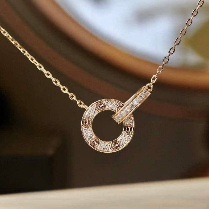 [Panda Jewelry]LOVE 7.6MM NECKLACE ROSE GOLD AND SILVER  FULL DIAMOND