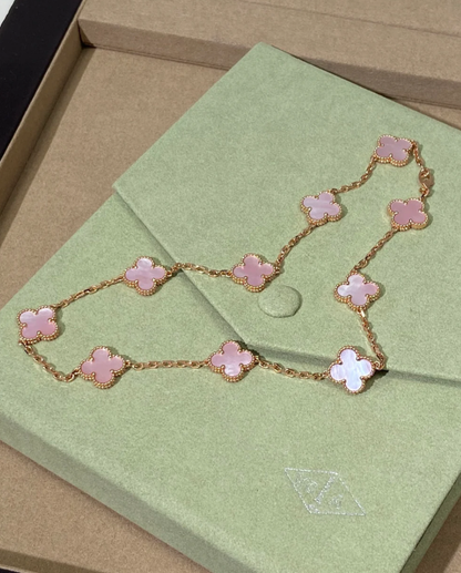 [Panda Jewelry Jewellery] Pink Necklace with Ten Clover Designs