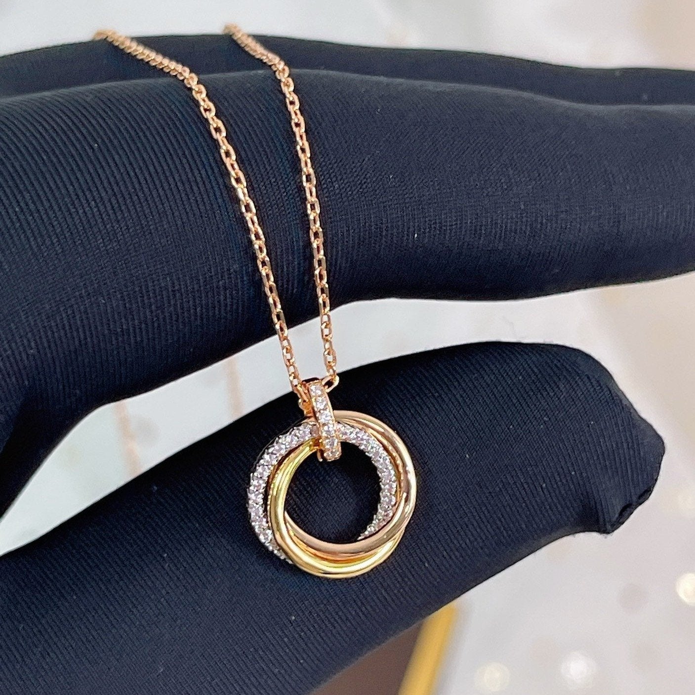 [Panda Jewelry]TRINITY NECKLACE SILVER GOLD PINK GOLD DIAMONDS