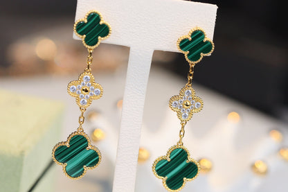 [Panda Jewelry]CLOVER EARRINGS GOLD MALACHITE DIAMOND 3 MOTIF