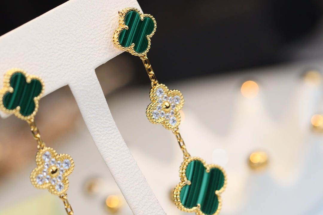 [Panda Jewelry]CLOVER EARRINGS GOLD MALACHITE DIAMOND 3 MOTIF
