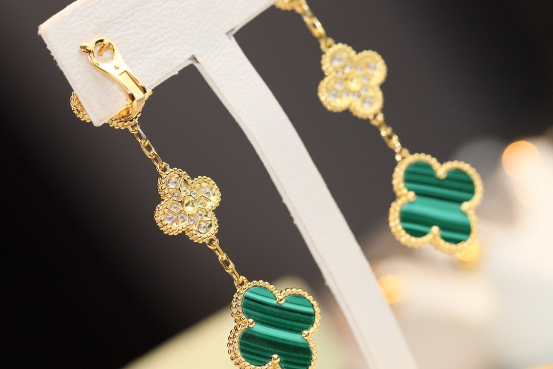 [Panda Jewelry]CLOVER EARRINGS GOLD MALACHITE DIAMOND 3 MOTIF