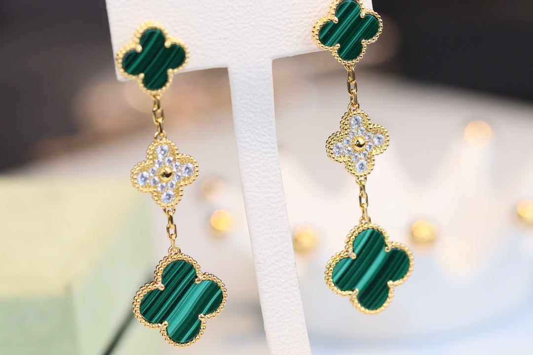 [Panda Jewelry]CLOVER EARRINGS GOLD MALACHITE DIAMOND 3 MOTIF