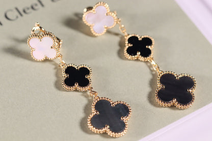 [Panda Jewelry]CLOVER EARRINGS GOLD ONYX MOP 3 MOTIF