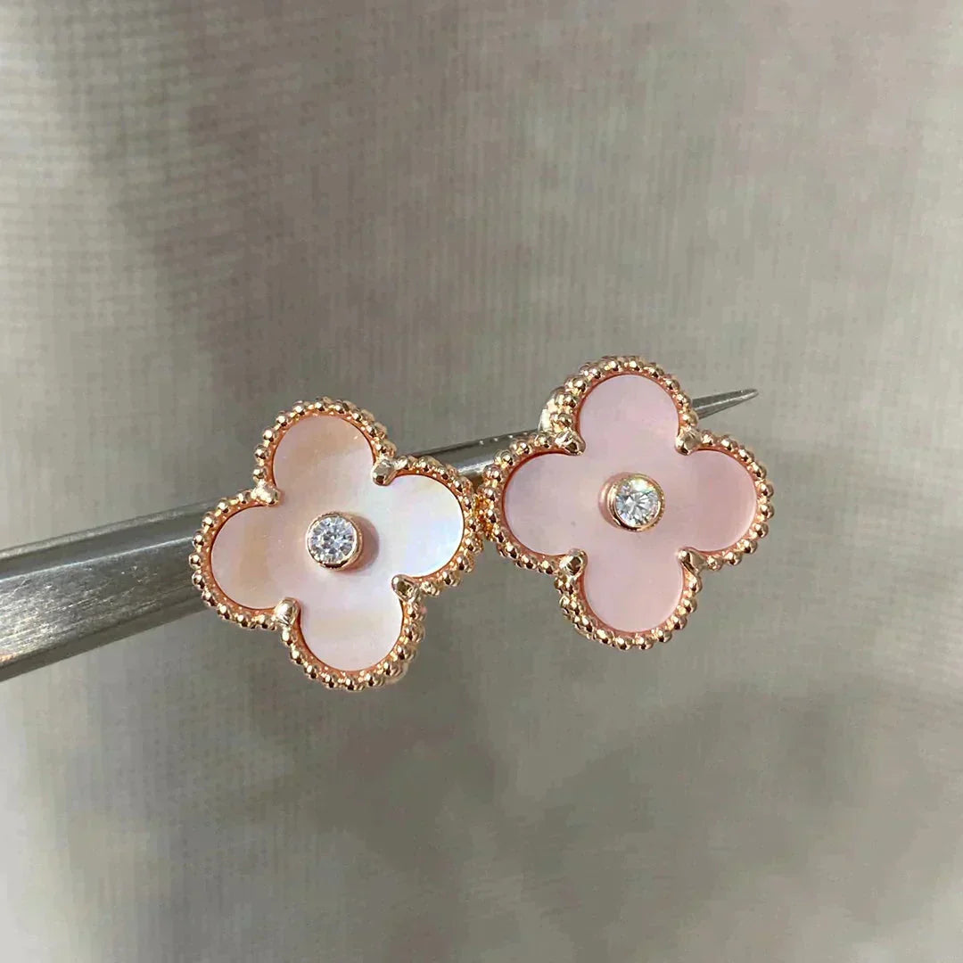 [Panda Jewelry]CLOVER MEDIUM 1 MOTIFS  PINK MOP DIAMOND EARRINGS
