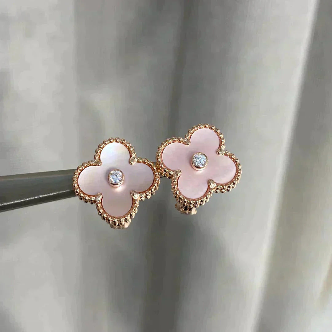 [Panda Jewelry]CLOVER MEDIUM 1 MOTIFS  PINK MOP DIAMOND EARRINGS