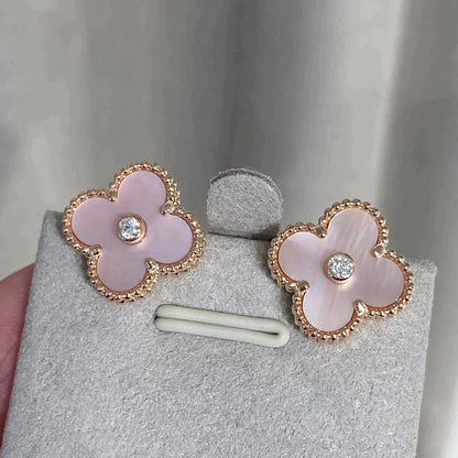 [Panda Jewelry]CLOVER MEDIUM 1 MOTIFS  PINK MOP DIAMOND EARRINGS