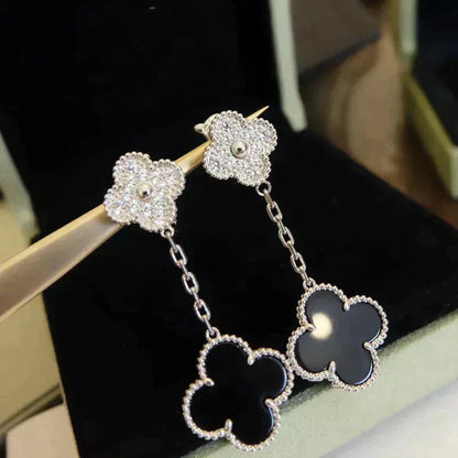 [Panda Jewelry]CLOVER 2 MOTIFS  DIAMOND ONYX EARRINGS SILVER
