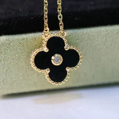 [Panda Jewelry]CLOVER 15MM DIAMOND ONYX NECKLACE