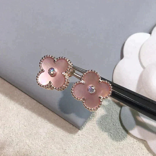 [Panda Jewelry]CLOVER MEDIUM 1 MOTIFS  PINK MOP DIAMOND EARRINGS