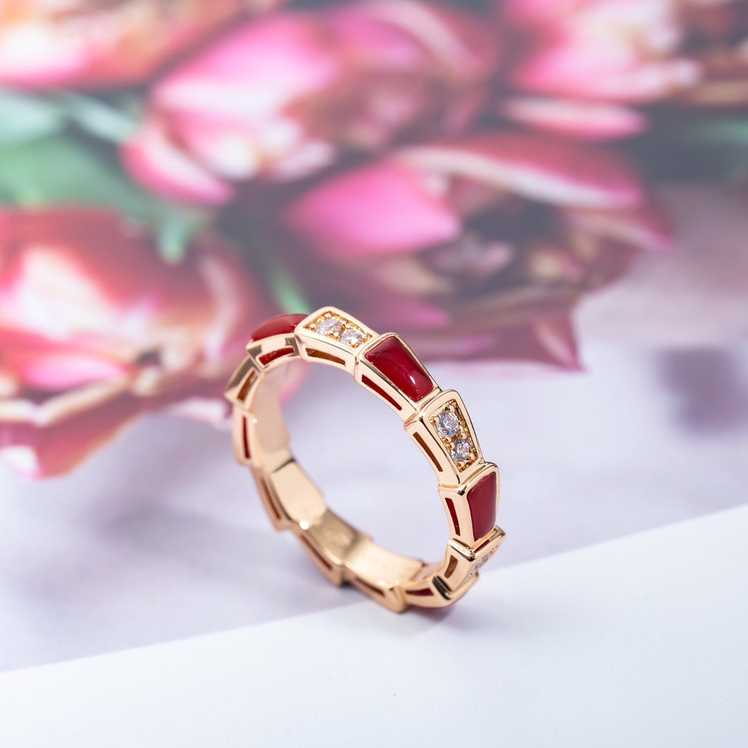 [Panda Jewelry]SERPENTI RING PINK GOLD CARNELIAN DIAMOND 3MM