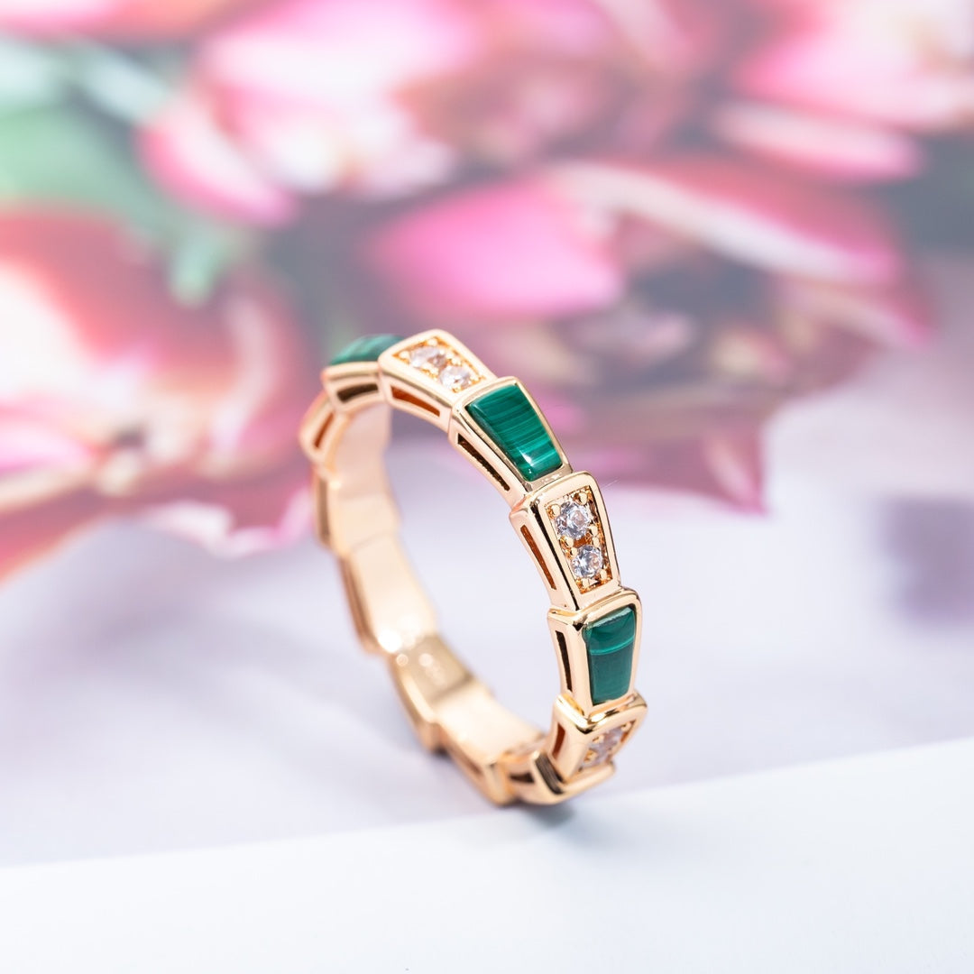 [Panda Jewelry]SERPENTI RING PINK GOLD MALACHITE DIAMOND 3MM