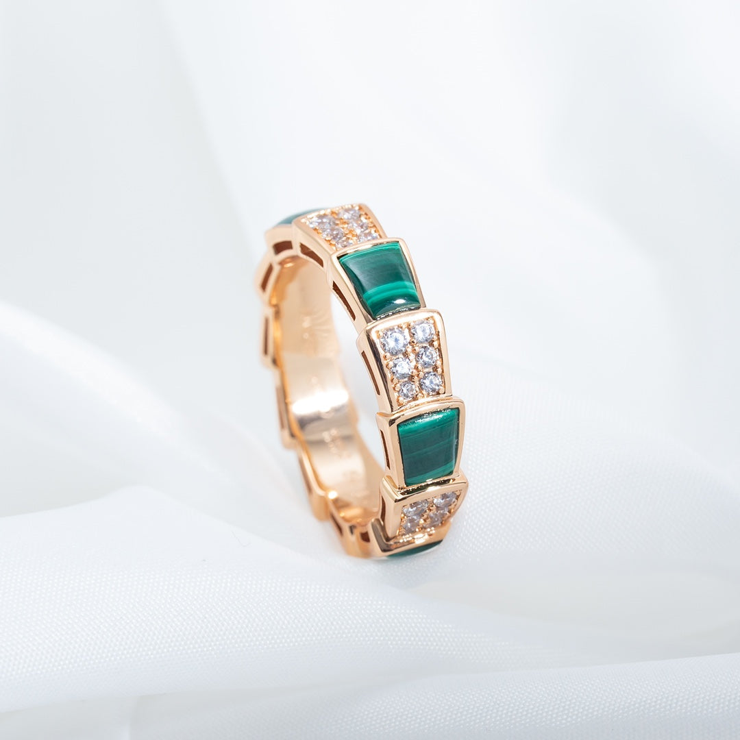[Panda Jewelry]SERPENTI RING PINK GOLD MALACHITE DIAMOND PAVED 4MM