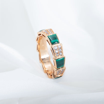 [Panda Jewelry]SERPENTI RING PINK GOLD MALACHITE DIAMOND PAVED 4MM