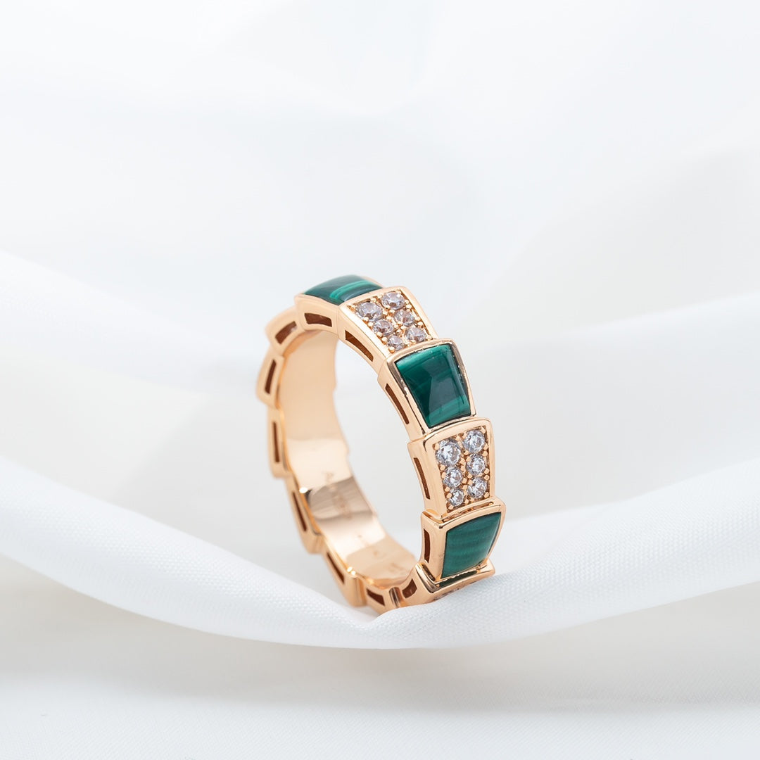 [Panda Jewelry]SERPENTI RING PINK GOLD MALACHITE DIAMOND PAVED 4MM