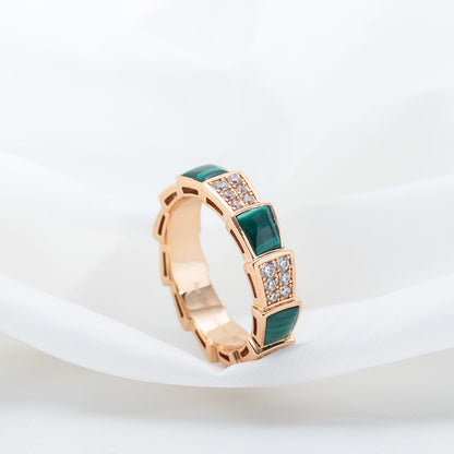 [Panda Jewelry]SERPENTI RING PINK GOLD MALACHITE DIAMOND PAVED 4MM