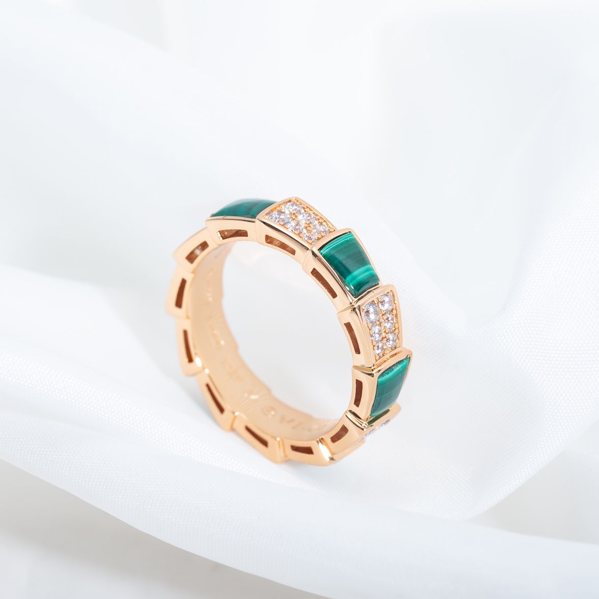 [Panda Jewelry]SERPENTI RING PINK GOLD MALACHITE DIAMOND PAVED 4MM