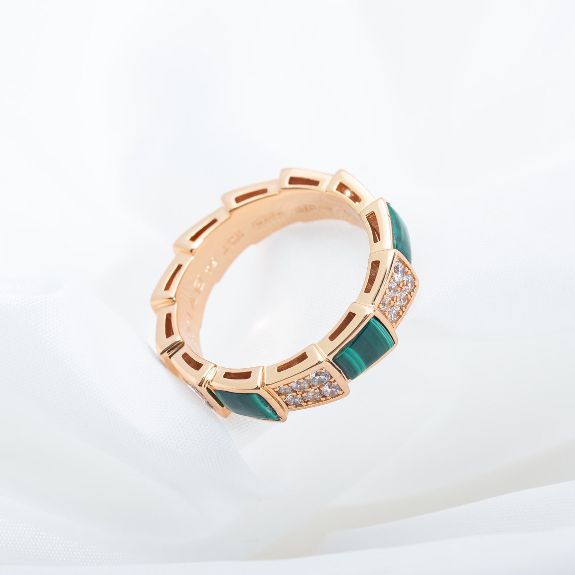 [Panda Jewelry]SERPENTI RING PINK GOLD MALACHITE DIAMOND PAVED 4MM