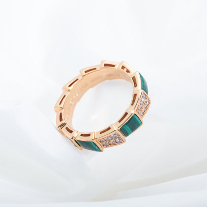 [Panda Jewelry]SERPENTI RING PINK GOLD MALACHITE DIAMOND PAVED 4MM