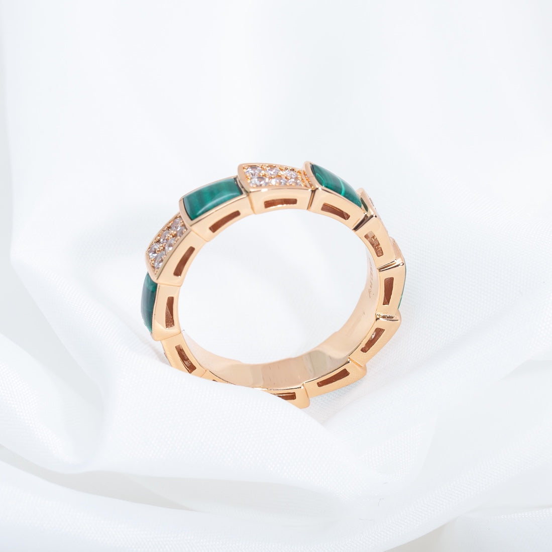 [Panda Jewelry]SERPENTI RING PINK GOLD MALACHITE DIAMOND PAVED 4MM