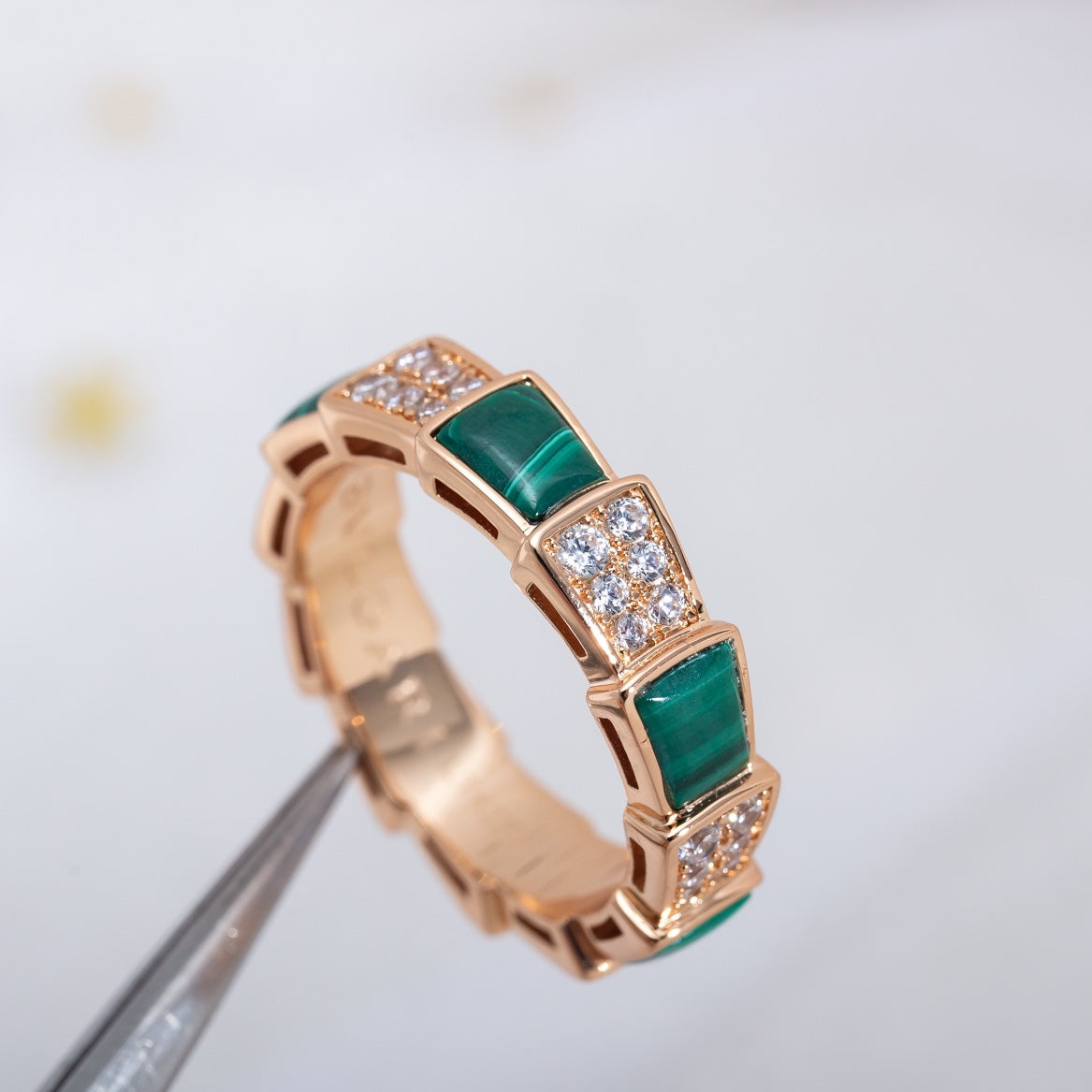 [Panda Jewelry]SERPENTI RING PINK GOLD MALACHITE DIAMOND PAVED 4MM