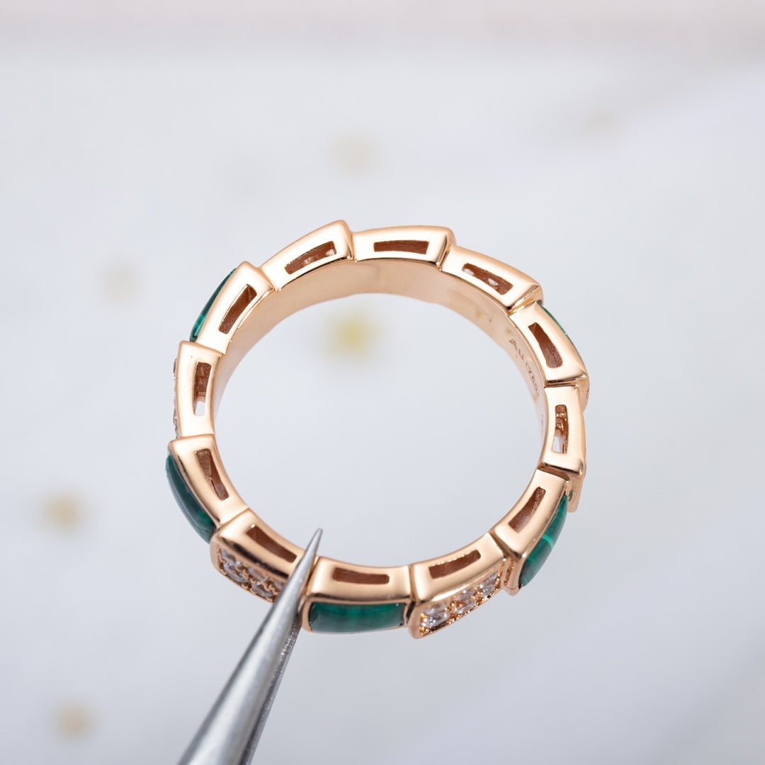 [Panda Jewelry]SERPENTI RING PINK GOLD MALACHITE DIAMOND PAVED 4MM
