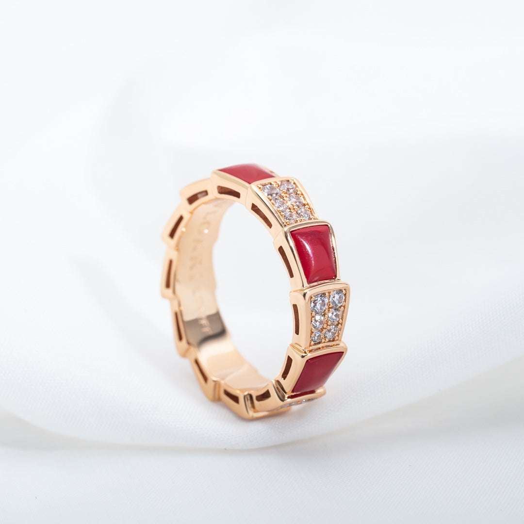 [Panda Jewelry]SERPENTI RING PINK GOLD CARNELIAN DIAMOND PAVED 4MM