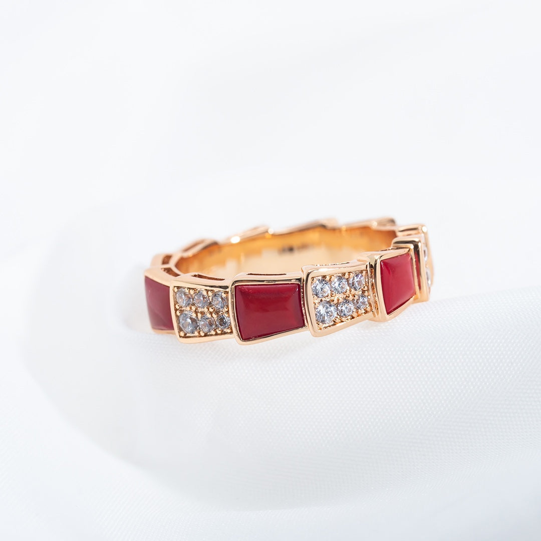 [Panda Jewelry]SERPENTI RING PINK GOLD CARNELIAN DIAMOND PAVED 4MM