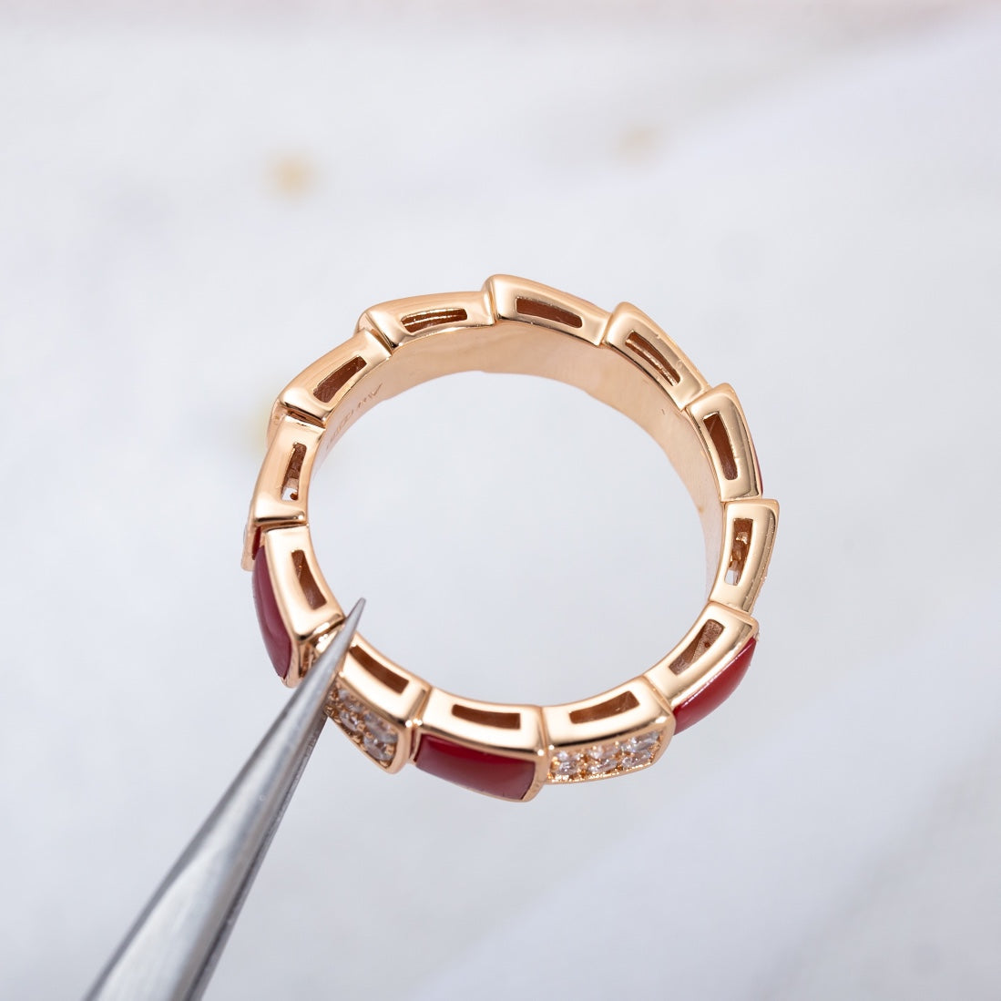 [Panda Jewelry]SERPENTI RING PINK GOLD CARNELIAN DIAMOND PAVED 4MM