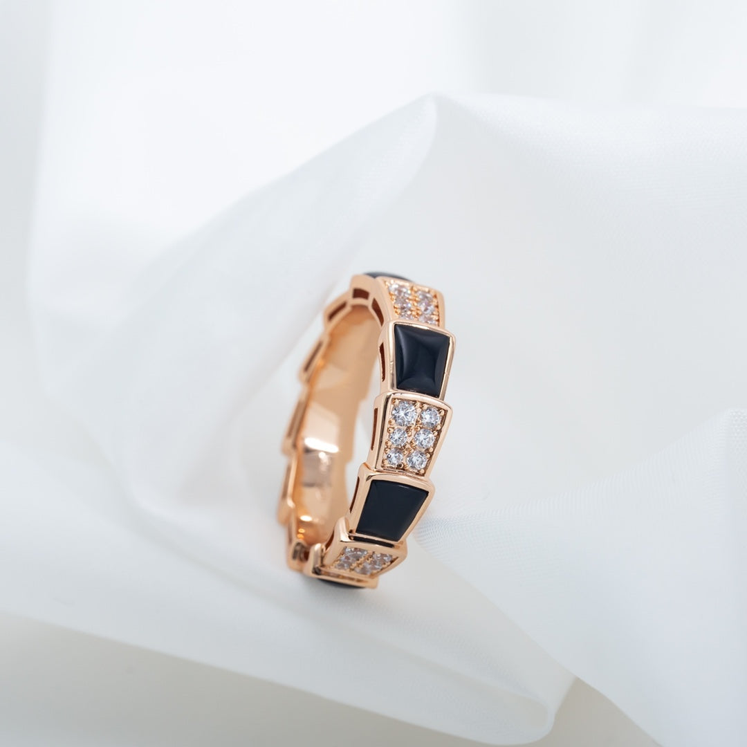 [Panda Jewelry]SERPENTI RING PINK GOLD BLACK MOP DIAMOND PAVED 4MM