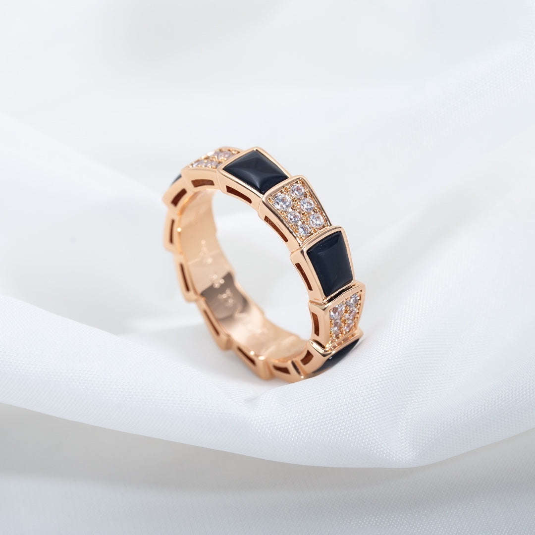 [Panda Jewelry]SERPENTI RING PINK GOLD BLACK MOP DIAMOND PAVED 4MM