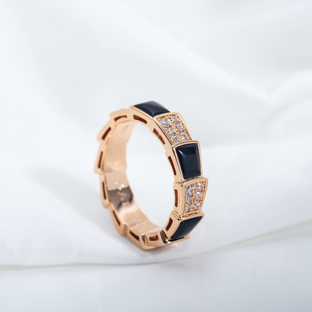 [Panda Jewelry]SERPENTI RING PINK GOLD BLACK MOP DIAMOND PAVED 4MM
