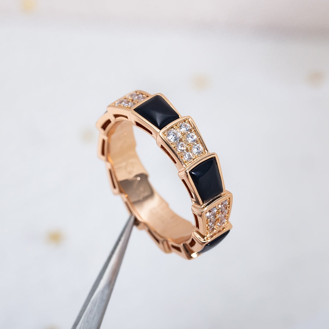 [Panda Jewelry]SERPENTI RING PINK GOLD BLACK MOP DIAMOND PAVED 4MM