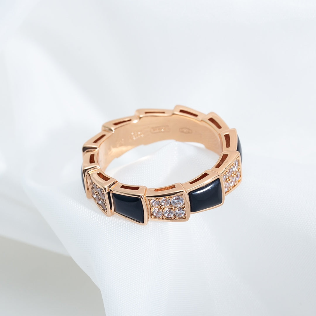 [Panda Jewelry]SERPENTI RING PINK GOLD BLACK MOP DIAMOND PAVED 4MM
