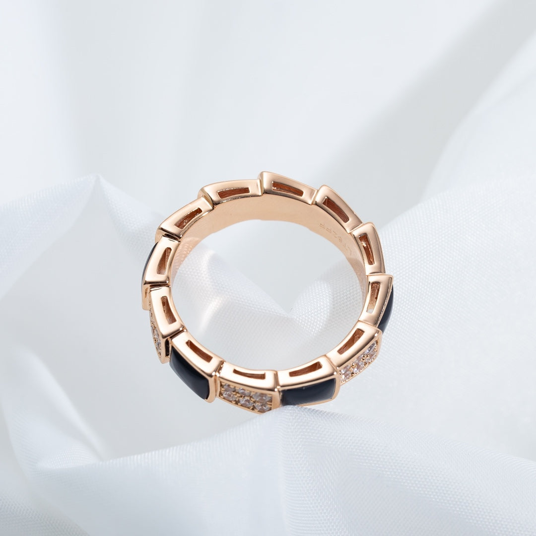 [Panda Jewelry]SERPENTI RING PINK GOLD BLACK MOP DIAMOND PAVED 4MM