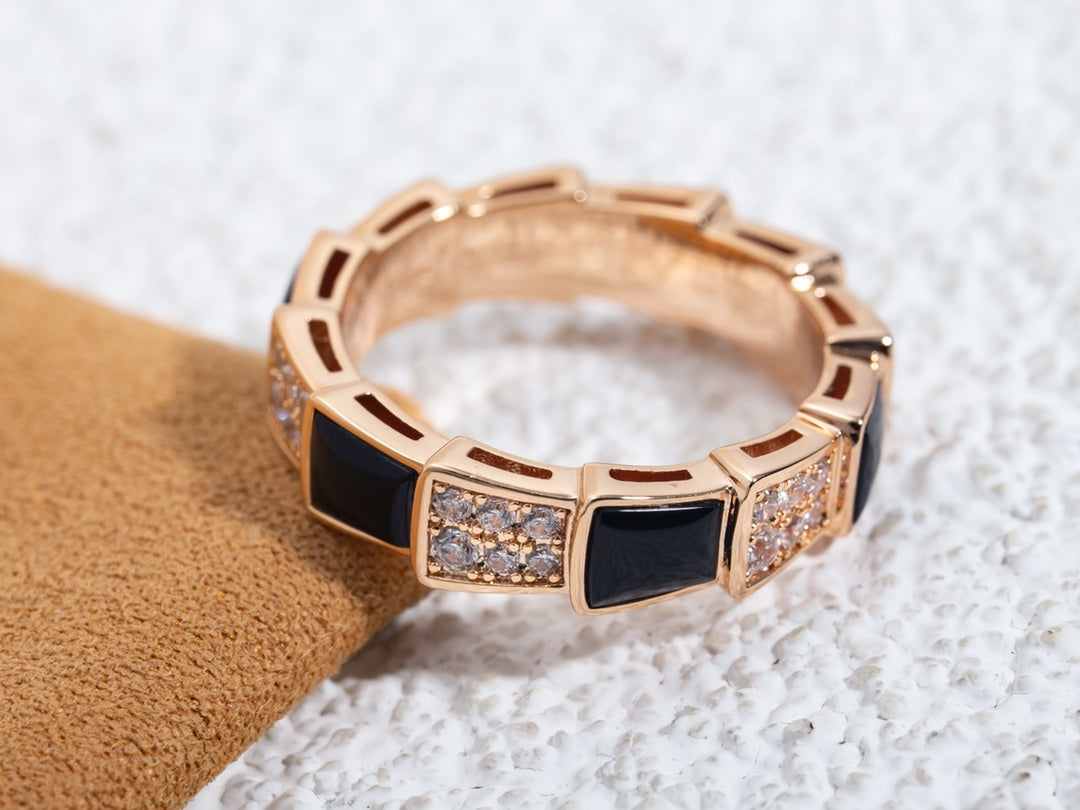 [Panda Jewelry]SERPENTI RING PINK GOLD BLACK MOP DIAMOND PAVED 4MM