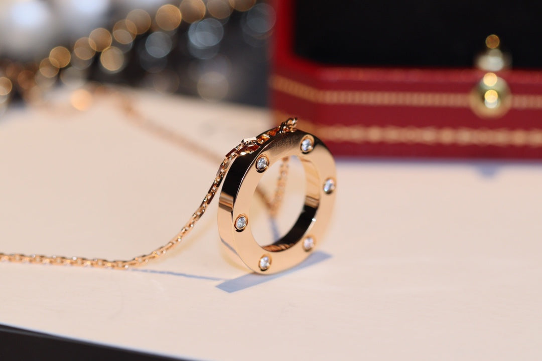 [Panda Jewelry]LOVE NECKLACE 16MM 6 DIAMONDS PINK GOLD