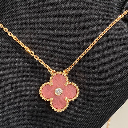 [Panda Jewelry]CLOVER 15MM DIAMOND RHODONITE NECKLACE