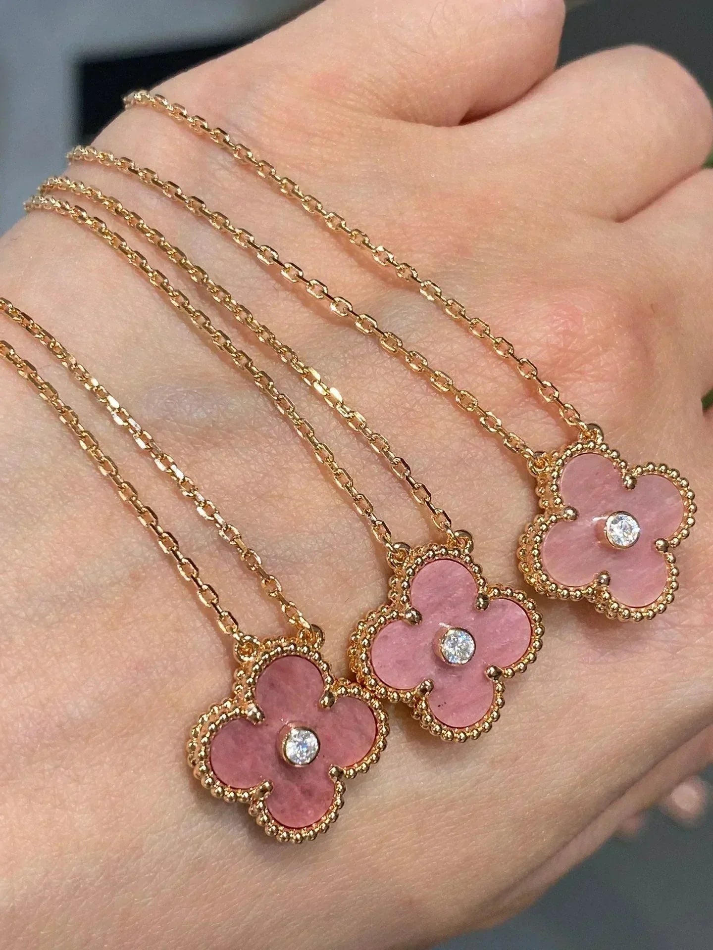 [Panda Jewelry]CLOVER 15MM DIAMOND RHODONITE NECKLACE