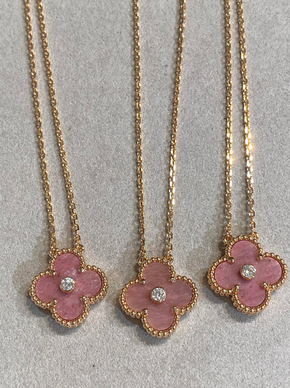 [Panda Jewelry]CLOVER 15MM DIAMOND RHODONITE NECKLACE