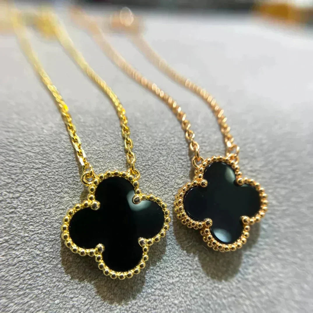 [Panda Jewelry]CLOVER 15MM BLACK ONYX SINGLE FLOWER NECKLACE