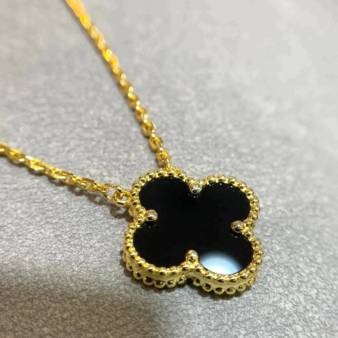 [Panda Jewelry]CLOVER 15MM BLACK ONYX SINGLE FLOWER NECKLACE