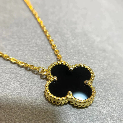 [Panda Jewelry]CLOVER 15MM BLACK ONYX SINGLE FLOWER NECKLACE