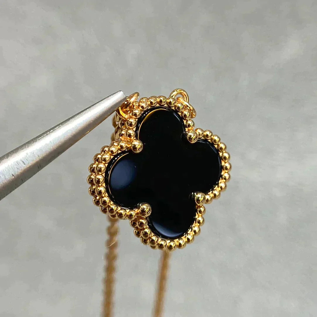 [Panda Jewelry]CLOVER 15MM BLACK ONYX SINGLE FLOWER NECKLACE