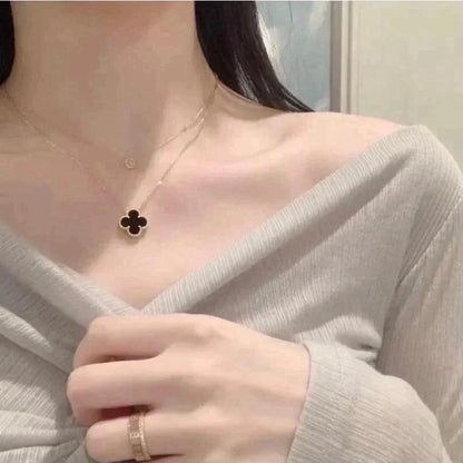[Panda Jewelry]CLOVER 15MM BLACK ONYX SINGLE FLOWER NECKLACE