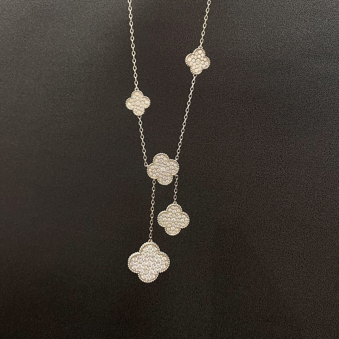 [Panda Jewelry]CLOVER 5 MOTIFS SILVER DIAMONDS NECKLACE