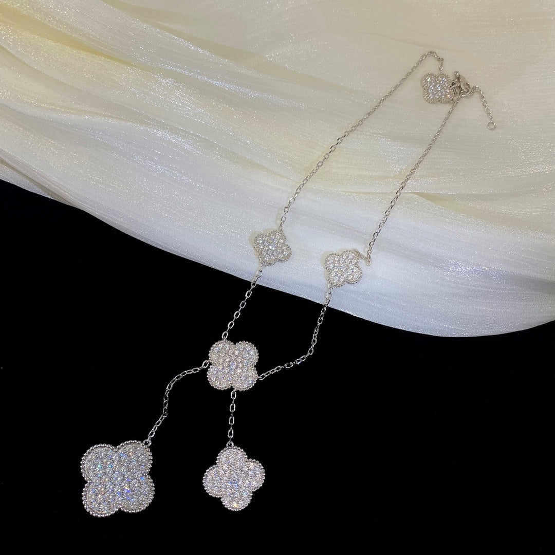 [Panda Jewelry]CLOVER 5 MOTIFS SILVER DIAMONDS NECKLACE