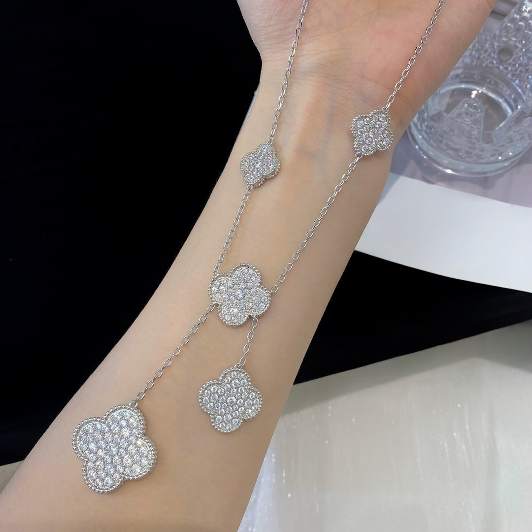 [Panda Jewelry]CLOVER 5 MOTIFS SILVER DIAMONDS NECKLACE