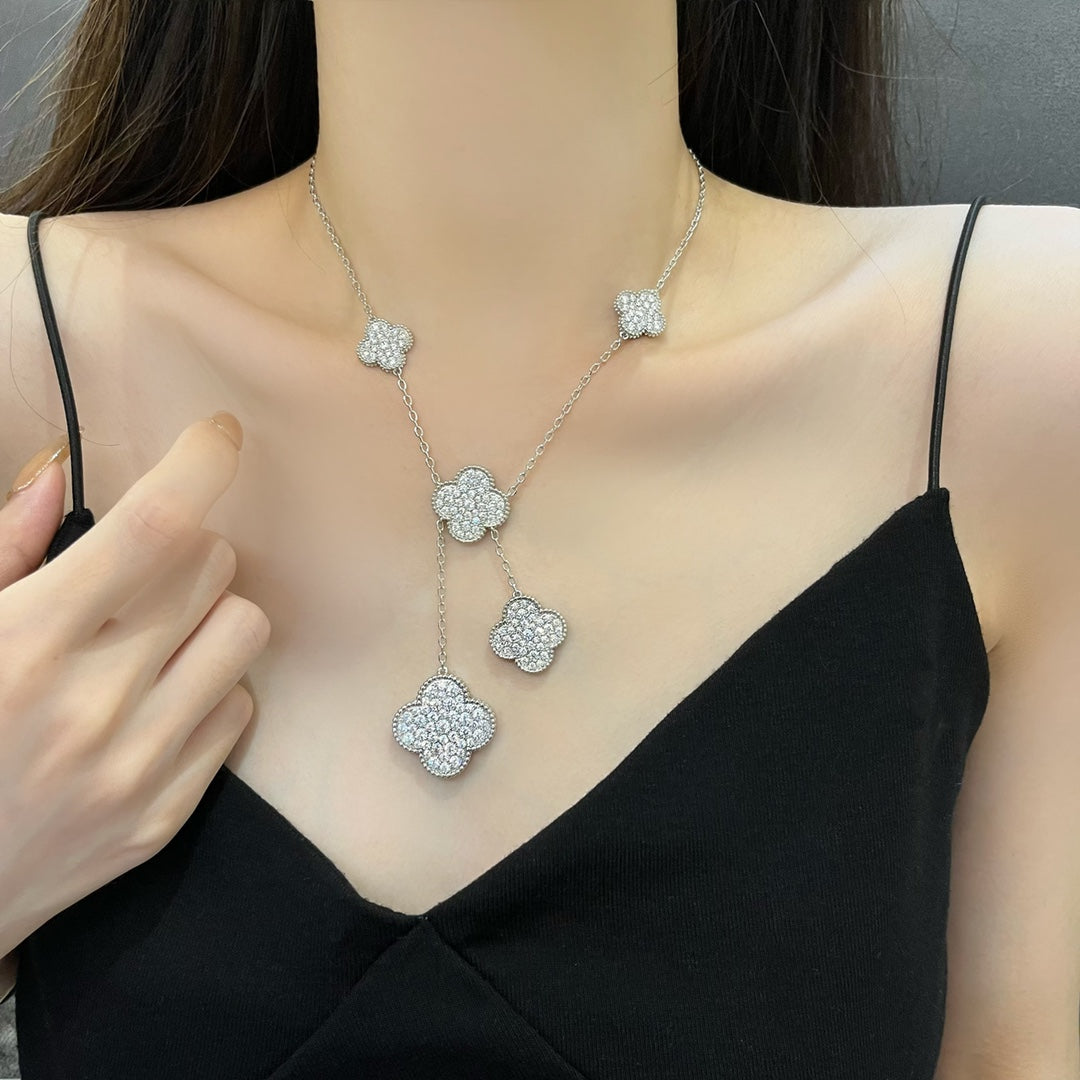 [Panda Jewelry]CLOVER 5 MOTIFS SILVER DIAMONDS NECKLACE