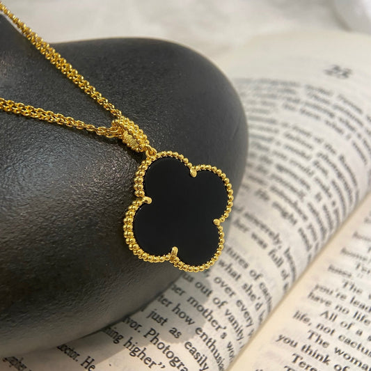 [Panda Jewelry]CLOVER 25MM NECKLACE GOLD ONYX